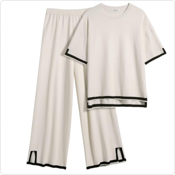 Ekouaer Pants - EKOUAER 2 PIECE KNIT LOUNGEWEAR SET CREAM BLACK WIDE LEG SHORT SLEEVE NWT XL